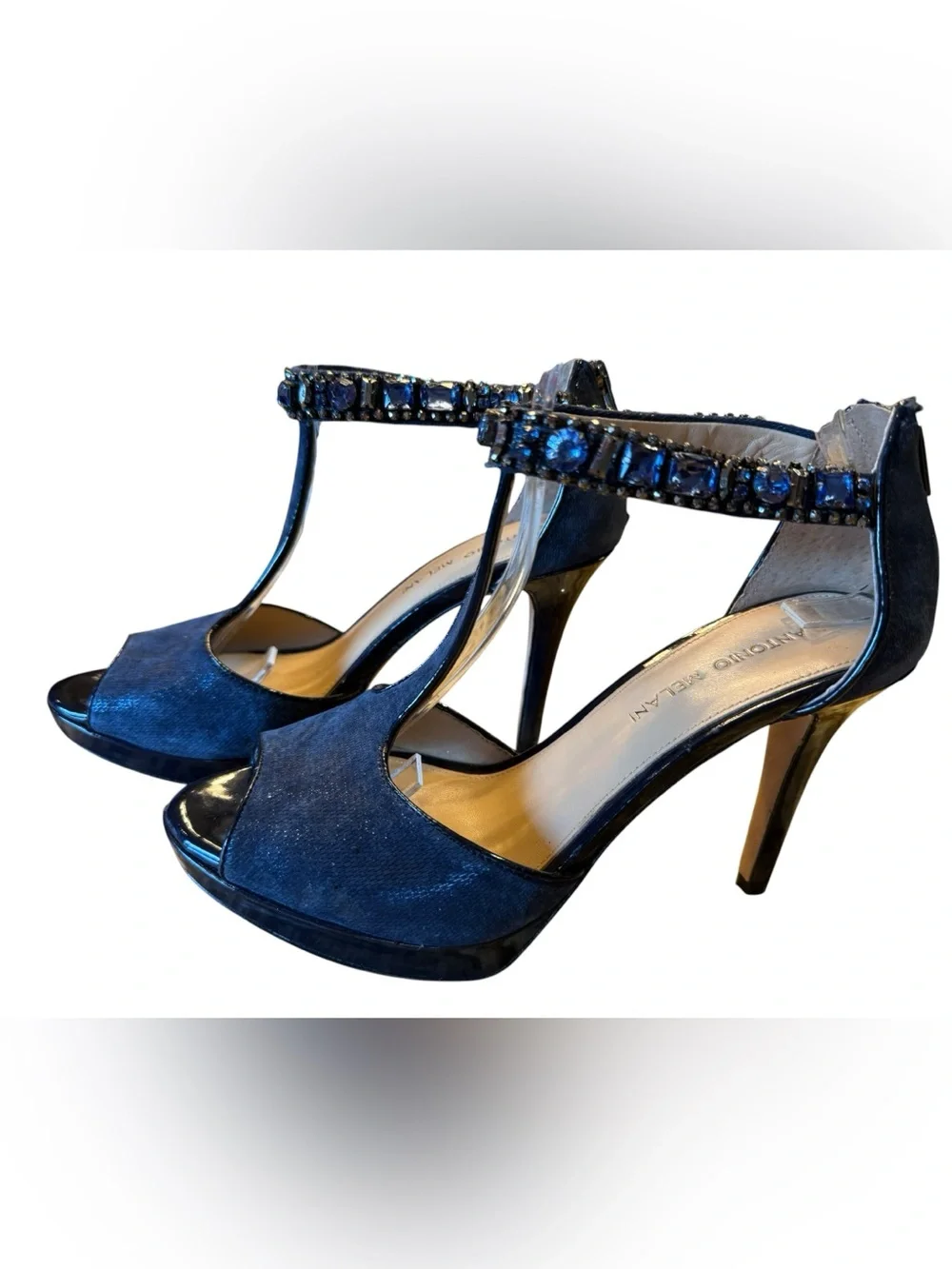 ANTONIO MELANI Navy Blue T-Strap Jeweled 4”  Heels Womens Size 8 Leather Sole